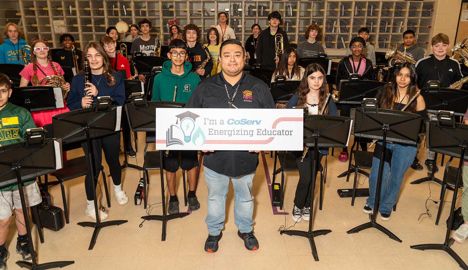 CoServ presented Calhoun Middle School Band Director Marco Gonzales of Denton ISD with an Energizing Educator Award. A parent nominated him for the award and he will receive  for his classroom and  for Calhoun Middle School to use as well as a luncheon.