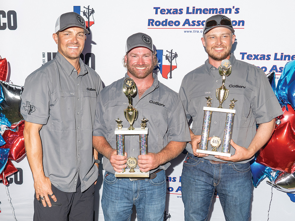 CoServ Journeyman Team Dustin Bailey, Aaron Armstrong and James Anderegg placed 4th Overall in the Cooperative category and 5th Overall in Journeyman category during the 2024 Texas Lineman Rodeo in Seguin, Texas. .