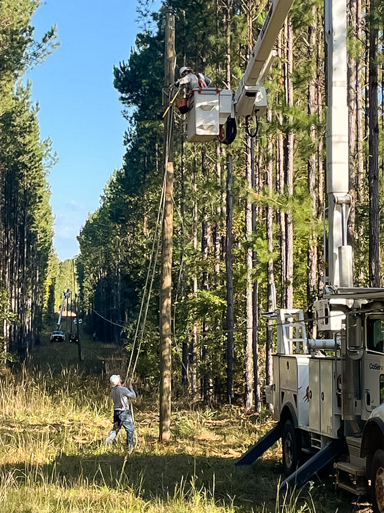 CoServ crews acting as mutual aid in Sandersville, Georgia for Washington EMC helping to restore power after Hurricane Helene went through the area.