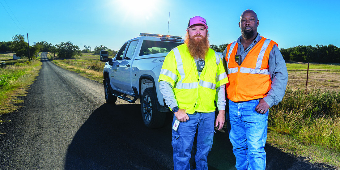 Dakota Mayor and Ty Flemming preparing to do aerial inspections in Valley View. Photos by BRIAN ELLEDGE